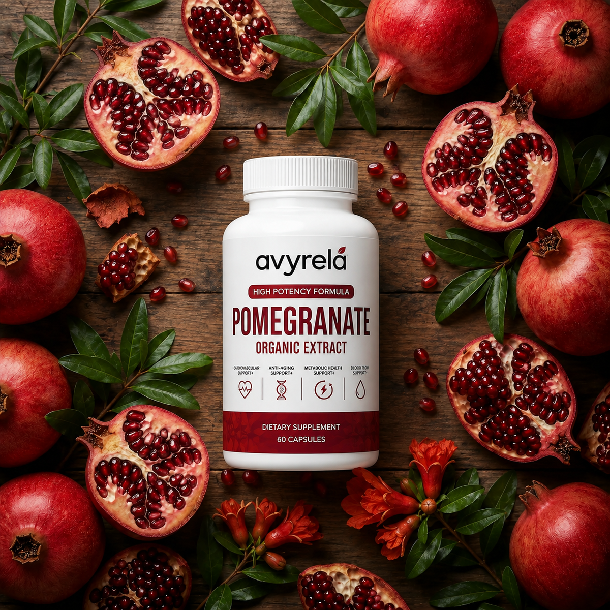 Avyrela pomegranate extract bottle with fresh pomegranates